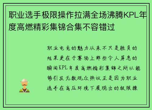 职业选手极限操作拉满全场沸腾KPL年度高燃精彩集锦合集不容错过 职业选手极限操作拉满全场沸腾KPL年度高燃精彩集锦合集不容错过