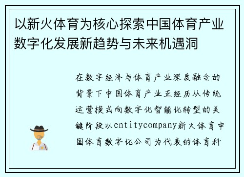 以新火体育为核心探索中国体育产业数字化发展新趋势与未来机遇洞